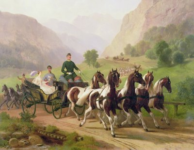 Kaiser Franz Joseph I. von Österreich, in seiner Kutsche mit seiner Frau Elisabeth von Bayern in Bad Ischl, 1855 von Austrian School